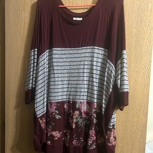 Maurices Burgundy and Gray Floral Striped Tunic